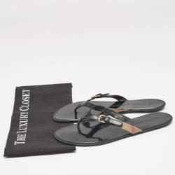 Burberry Black/Beige Leather and Canvas Masie Belted Check Thong Flats Size 39