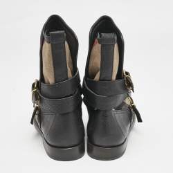 Burberry Black/Beige Check Canvas and Leather Ankle Length Boots Size 39