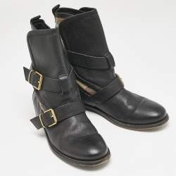 Burberry Black/Beige Check Canvas and Leather Ankle Length Boots Size 39