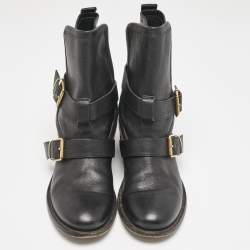 Burberry Black/Beige Check Canvas and Leather Ankle Length Boots Size 39