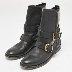 Burberry Black/Beige Check Canvas and Leather Ankle Length Boots Size 39