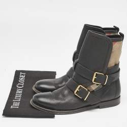 Burberry Black/Beige Check Canvas and Leather Ankle Length Boots Size 39