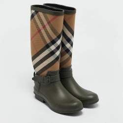 Burberry Green/Beige Rubber and Vintage Check Canvas Simeon Rain Boots Size 41