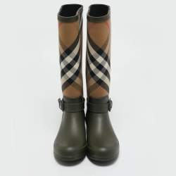 Burberry Green/Beige Rubber and Vintage Check Canvas Simeon Rain Boots Size 41