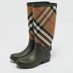 Burberry Green/Beige Rubber and Vintage Check Canvas Simeon Rain Boots Size 41
