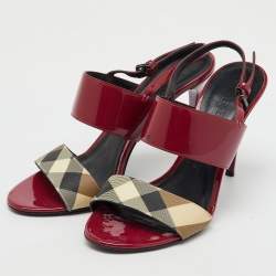 Pre Owned Burberry Burgundy/Beige Patent Leather and Check PVC Slingback Sandals Size 38