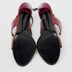 Pre Owned Burberry Burgundy/Beige Patent Leather and Check PVC Slingback Sandals Size 38