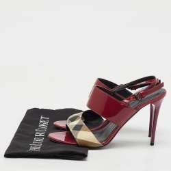 Pre Owned Burberry Burgundy/Beige Patent Leather and Check PVC Slingback Sandals Size 38