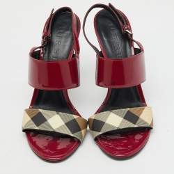 Pre Owned Burberry Burgundy/Beige Patent Leather and Check PVC Slingback Sandals Size 38