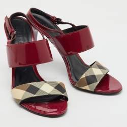 Pre Owned Burberry Burgundy/Beige Patent Leather and Check PVC Slingback Sandals Size 38