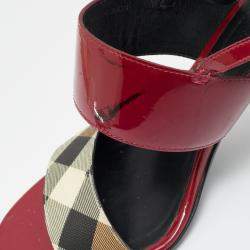 Pre Owned Burberry Burgundy/Beige Patent Leather and Check PVC Slingback Sandals Size 38