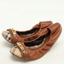 Burberry Brown Leather and Nova Check Coated Canvas Drayton Twistlock Scrunch Ballet Flats Size 37