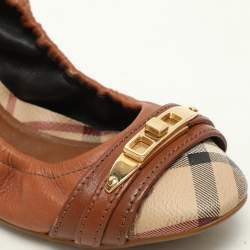 Burberry Brown Leather and Nova Check Coated Canvas Drayton Twistlock Scrunch Ballet Flats Size 37