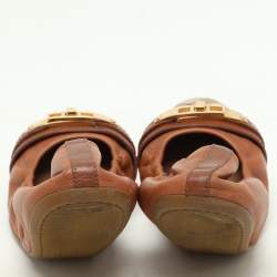 Burberry Brown Leather and Nova Check Coated Canvas Drayton Twistlock Scrunch Ballet Flats Size 37