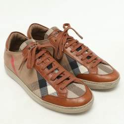 مملوكة مسبقًا Burberry Brown/Beige Leather and Nova Check Canvas Low Top Sneakers Size 38