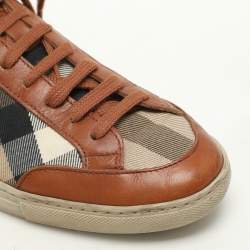 مملوكة مسبقًا Burberry Brown/Beige Leather and Nova Check Canvas Low Top Sneakers Size 38