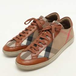 مملوكة مسبقًا Burberry Brown/Beige Leather and Nova Check Canvas Low Top Sneakers Size 38