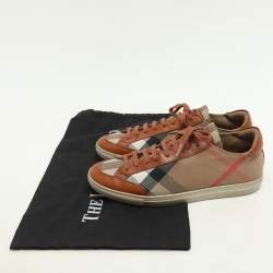 مملوكة مسبقًا Burberry Brown/Beige Leather and Nova Check Canvas Low Top Sneakers Size 38