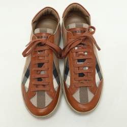 مملوكة مسبقًا Burberry Brown/Beige Leather and Nova Check Canvas Low Top Sneakers Size 38