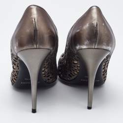 Burberry Metallic Grey Laser Cut Leather And Nova Check Pointed Toe Pumps Size 38