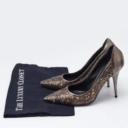 Burberry Metallic Grey Laser Cut Leather And Nova Check Pointed Toe Pumps Size 38