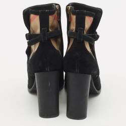 Burberry Black/Beige House Check Canvas and Leather Ankle Length Boots Size 38.5