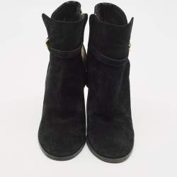 Burberry Black/Beige House Check Canvas and Leather Ankle Length Boots Size 38.5