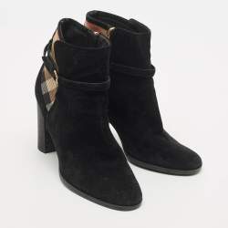 Burberry Black/Beige House Check Canvas and Leather Ankle Length Boots Size 38.5