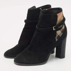 Burberry Black/Beige House Check Canvas and Leather Ankle Length Boots Size 38.5