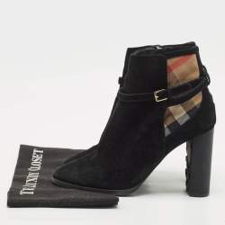 Burberry Black/Beige House Check Canvas and Leather Ankle Length Boots Size 38.5