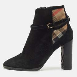 Burberry Black/Beige House Check Canvas and Leather Ankle Length Boots Size 38.5