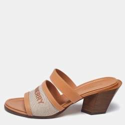 Burberry Beige/Tan Canvas and Leather Honour Slide Sandals Size 37