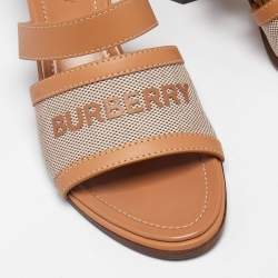 Burberry Beige/Tan Canvas and Leather Honour Slide Sandals Size 37