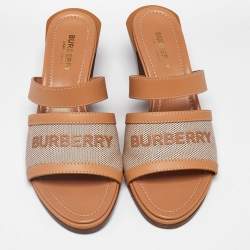 Burberry Beige/Tan Canvas and Leather Honour Slide Sandals Size 37