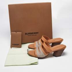 Burberry Beige/Tan Canvas and Leather Honour Slide Sandals Size 37