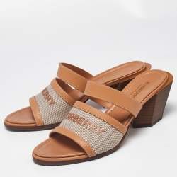 Burberry Beige/Tan Canvas and Leather Honour Slide Sandals Size 37