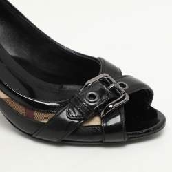 Burberry Black/Beige Patent Leather and Nova Check Coated Canvas Buckle Peep Toe Pumps Size 37