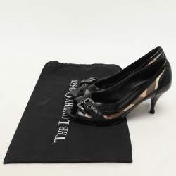Burberry Black/Beige Patent Leather and Nova Check Coated Canvas Buckle Peep Toe Pumps Size 37