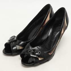Burberry Black/Beige Patent Leather and Nova Check Coated Canvas Buckle Peep Toe Pumps Size 37