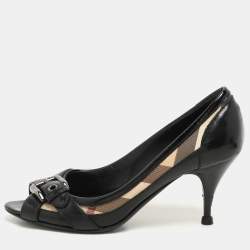 Burberry Black/Beige Patent Leather and Nova Check Coated Canvas Buckle Peep Toe Pumps Size 37