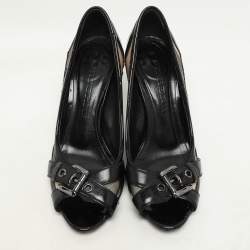 Burberry Black/Beige Patent Leather and Nova Check Coated Canvas Buckle Peep Toe Pumps Size 37