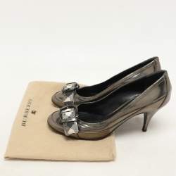 Burberry Metallic Leather and Check Coated Canvas Buckle Embellished Pumps Size 38