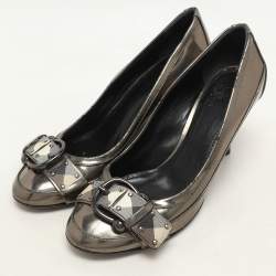 Burberry Metallic Leather and Check Coated Canvas Buckle Embellished Pumps Size 38