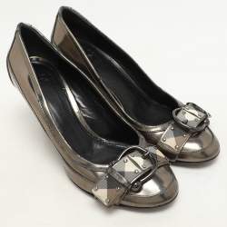 Burberry Metallic Leather and Check Coated Canvas Buckle Embellished Pumps Size 38
