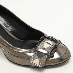 Burberry Metallic Leather and Check Coated Canvas Buckle Embellished Pumps Size 38