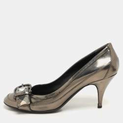 Burberry Metallic Leather and Check Coated Canvas Buckle Embellished Pumps Size 38