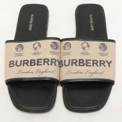 Burberry Beige Canvas Carolyn Logo Flat Slide Sandals Size 39