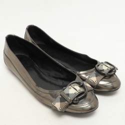 Burberry Metallic Leather and Nova Check Canvas Buckle Detail Ballet Flats Size 39