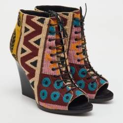 Burberry Multicolor Canvas Virginia Tapestry Printed Lace Up Ankle Length Boots Size 39