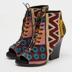 Burberry Multicolor Canvas Virginia Tapestry Printed Lace Up Ankle Length Boots Size 39